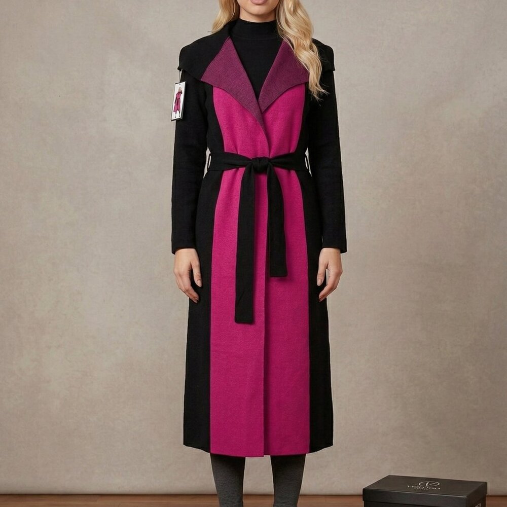 Vertigo Paris Magenta & Black Belted Long Coat Size L – Colorblock Elegant Coat